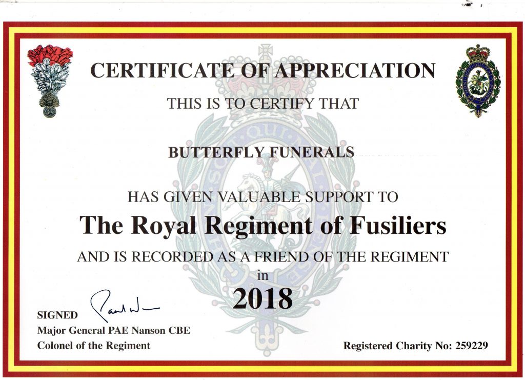 Certificate of appreciation awarded to Butterfly Funerals.