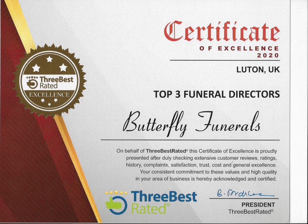 Top 3 funeral directors certificate awarded to Butterfly Funerals.